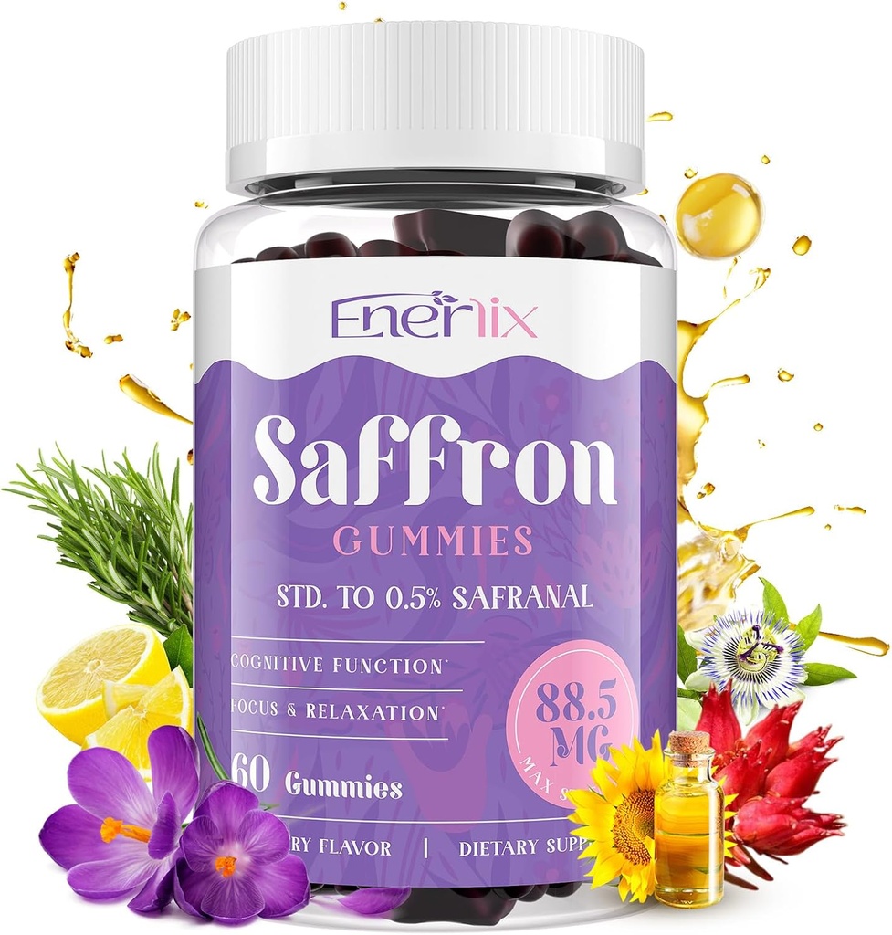Saffron Gummies 88.5 マグネシウム、St. John's Wort、GABA、Rhodiola、Rosemary 及び泥、焦点のための情熱の花のエキスが付いている最高の強さのサフランの補足との mg - 60 のサービング