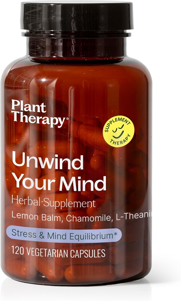 Plant Therapy Unwind Your Mind Herbal Supplement Capsules, Naturally Relaxing, Helps Calm a Busy Brain, Great After a Long Day or Before Bed, 120 Vegetarian Capsules (4 Month Supply), Made in The USA