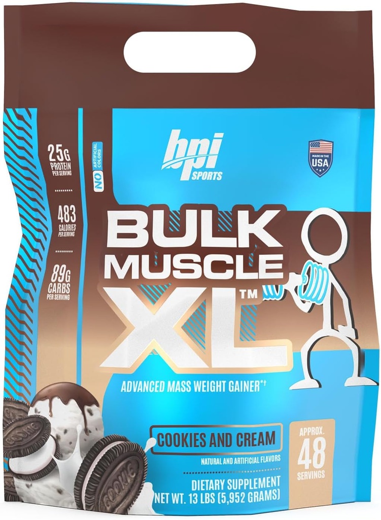 BPIスポーツバルクマッスルXL - 深刻な筋肉の構築と回復のための高度な質量重量ゲイン、25gタンパク質とサービングあたりの497カロリー - チョコレート、13lbバッグ(13lb、クッキー、クリーム)
