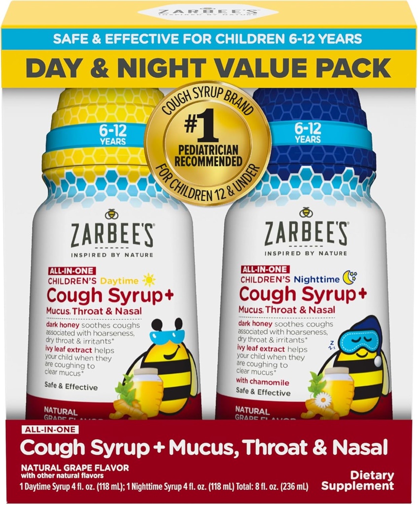 Zarbee's Children's All-in-One Honey Cough Syrup + Mucus, Throat & Nasal Day & Night Value 2 Pack for Kids 6-12 + Dark Honey, Ivy Leaf Extract, 亜鉛ターメリックルート&B-Vitamins, Grape, 2 x 4 fl. Oz