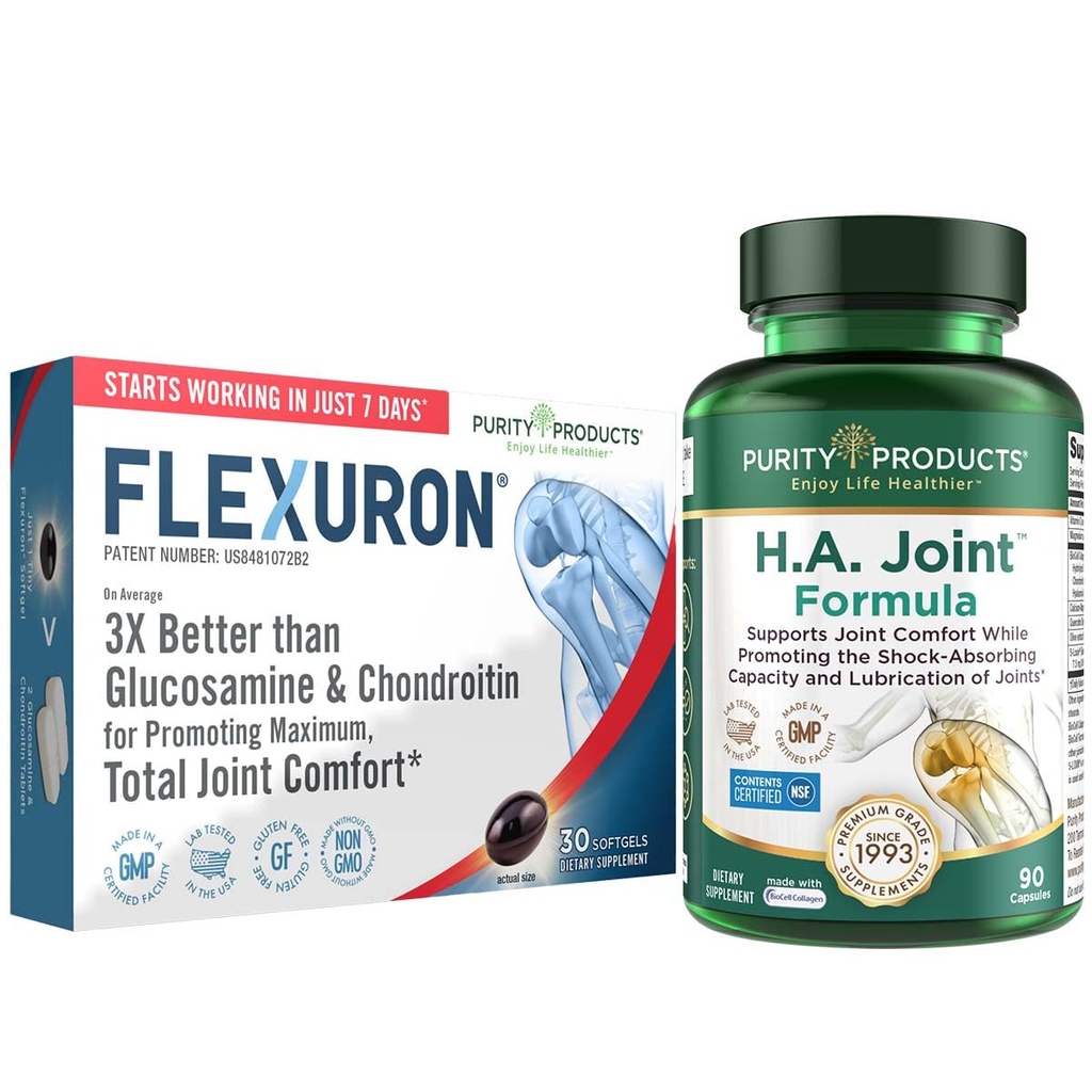 純度プロダクト Flexuron の接合箇所の方式 + H.A. 接合箇所の Flexuron (Krill オイル、低い分子量 Hyaluronic 酸、アスタキサンチン) - HA 接合箇所(BioCell のコラーゲン、Boswellia Serrata、Quercetin、H.A. +多く)