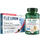 純度プロダクト Flexuron の接合箇所の方式 + H.A. 接合箇所の Flexuron (Krill オイル、低い分子量 Hyaluronic 酸、アスタキサンチン) - HA 接合箇所(BioCell のコラーゲン、Boswellia Serrata、Quercetin、H.A. +多く)