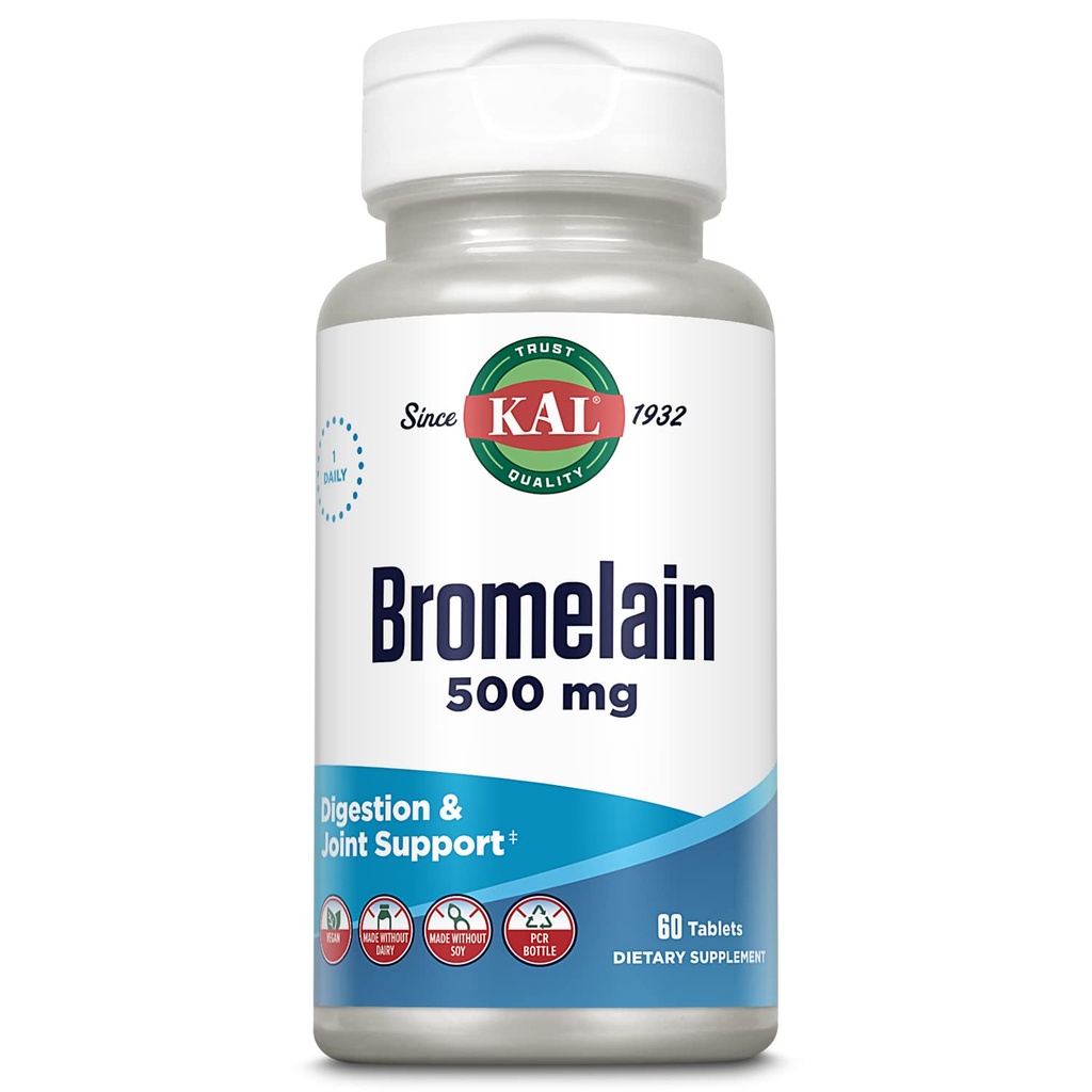 KAL Bromelain 500 mg, 消化と共同サポートサプリメント, 消化酵素, パイナップル抽出物, 急速な崩壊, ビーガン, 乳製品や大豆なしで作られた, ラボ検証済み, 60 サービング, 60 錠