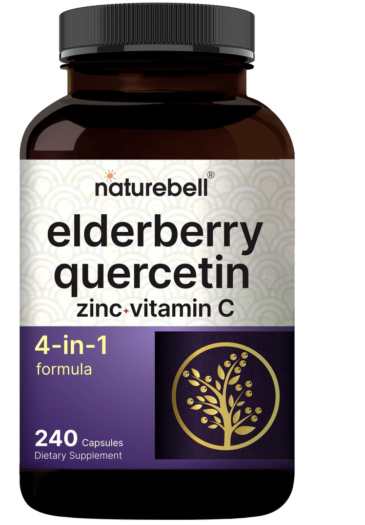 NatureBell Sambucusのエルダーベリーカプセル、ケルセチン500mg、ビタミンCおよび亜鉛、240の計算 ヨーロッパの黒のエルダーベリーのフルーツのエキス– 1の免疫サポート補足の4