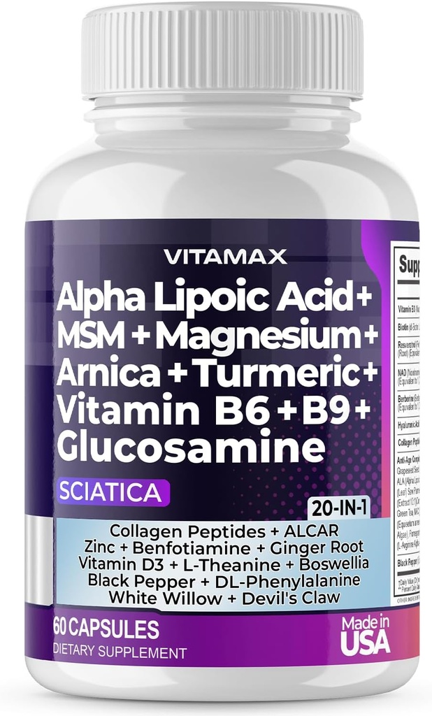 坐骨神経の健康サポート - 葉酸、エンドウ豆、グルコサミン、MSM、ビタミンB複合体、アルファリポ酸300mg - 60ct - 米国製