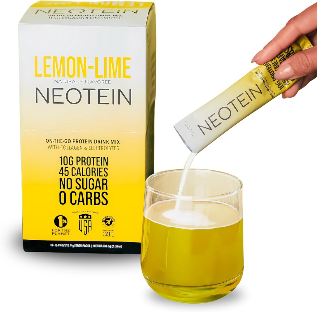 NEOTEIN: Electrolyte Powder Packets, Protein Powder with 10g Protein & Collagen | Hydration Packets - Zero Sugar, NO Fillers, NO Carbs | Lemon Lime | 45 Calories | Keto & Paleo | Pack of 15