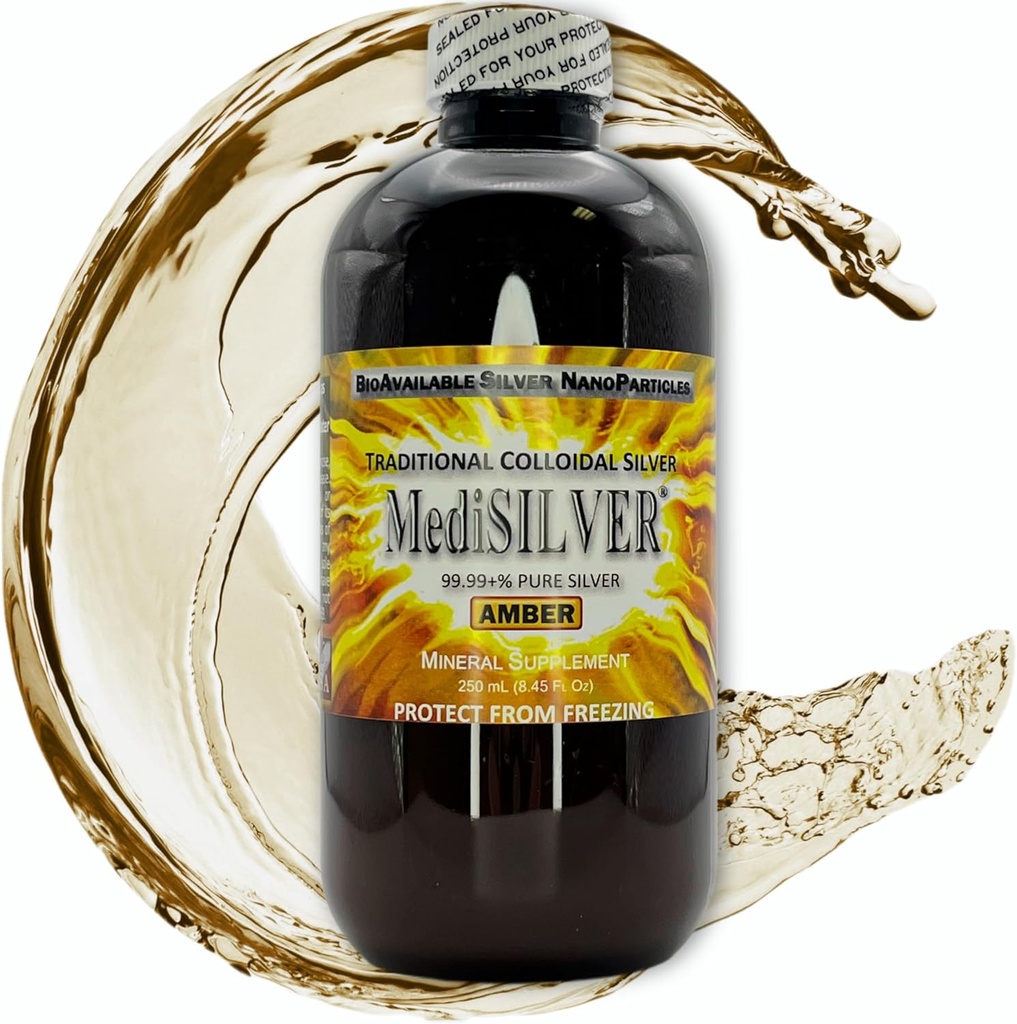 MediSILVERアンバーアンバー免疫ブースター伝統真のコロイドシルバーAgNP栄養素 - アンバープラスチックボトル250 mL