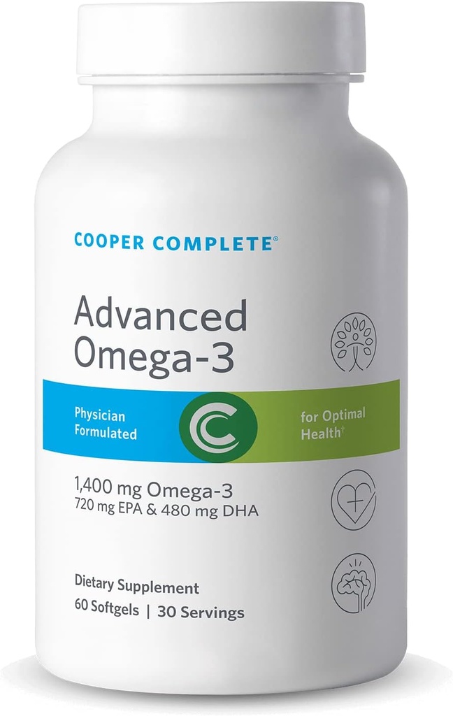 Cooper Complete - Advanced Omega 3 - Fish Oil Supplement, Concentrated EPA + DHA Omega-3 Fatty Acids 1400 mg - 60 Softgels per Bottle. Pack of 4