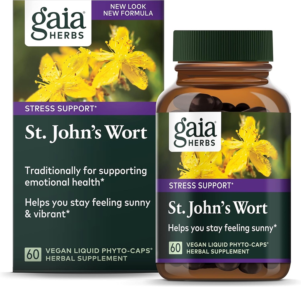 Gaia Herbs St. John's Wort, ビーガン液体カプセル, 60 カウント - PositiveとSunny Moodを促進するためのストレスサポート