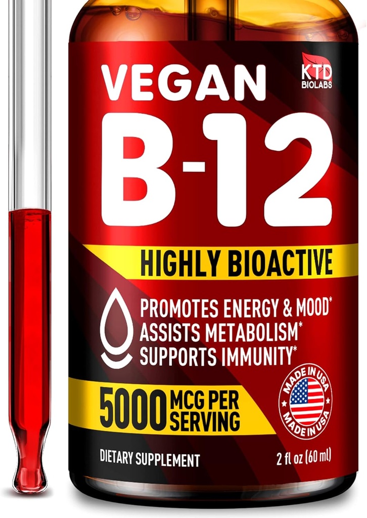 B12 サブリンガル 5000 mcg ドロップ - 米国製 - エネルギー、気分、記憶のためのビーガン B12 ビタミン - 高バイオ利用できるサブリンガル ドロップ - 女性と男性のためのメチルコバラミン - 2 fl. oz.