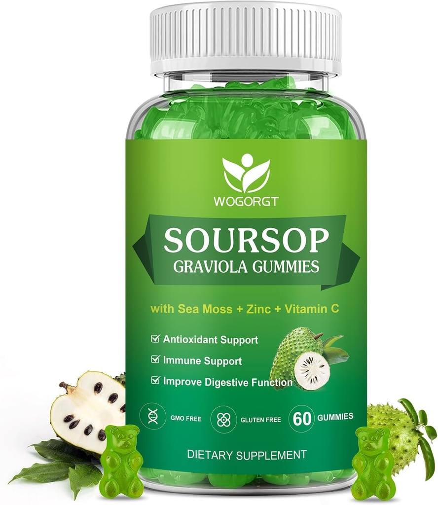 WOGORGT Soursop Graviola Gummies - Soursop Multivitamin Gummies - 抗酸化物質、細胞サポート&再生、免疫サポート、ビーガン、アップルフレーバー - 60グミ