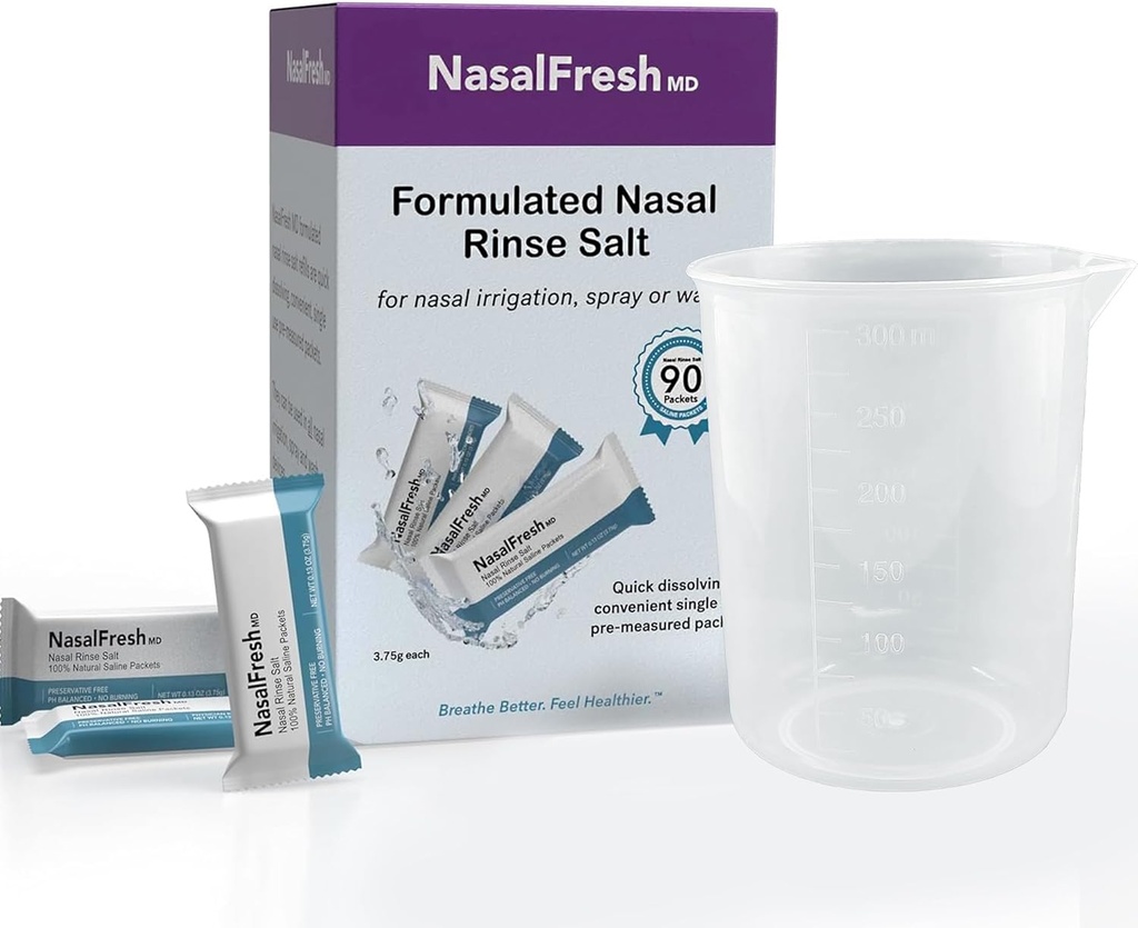 NASALFRESH MD - Saline Packets - クイック解散 - シングルユース - 事前測定 - 鼻灌漑 - 個人的にラップ (3.75g/1.3oz) - 90 補充パケット - 300mmカップ