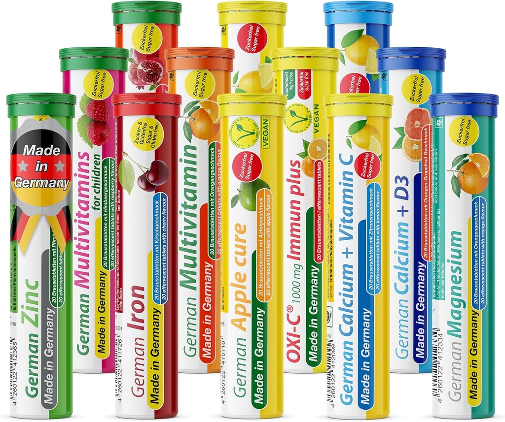 T&D German Vitamin, Minerals - 240 Vegan/Vegetarian Drink Effervescent Tablets - Mixed Fruit Flavor Box - Made in Germany