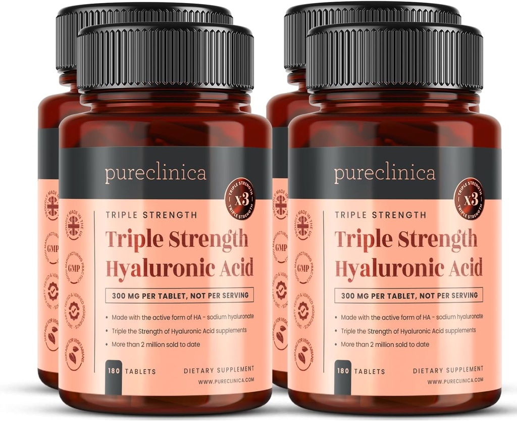 Pureclinicaの三重の強さのHyaluronic酸300mg x 720のタブレット(180の4本のびん) -供給2年の