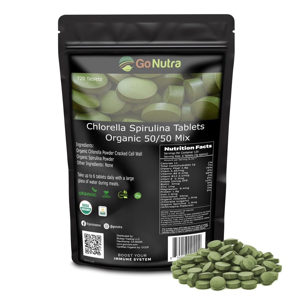 Nutra Organic Spirulina Chlorella 錠 50/50 ブレンド | Nutrient Dense スーパーフード - ビーガンプロテイン、Chlorophyll、酵素 | 500mg 各 Chlorella Spirulina 錠、720 カウント、4 か月の供給