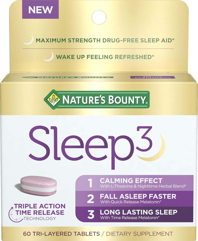 Nature's Bounty Sleep3 Melatonin 10mgの最高の強さ100%の薬剤の自由な睡眠の援助、食事療法の補足、L-Theanine及び夜間草のブレンドの時間解放の技術、60の三層のタブレット