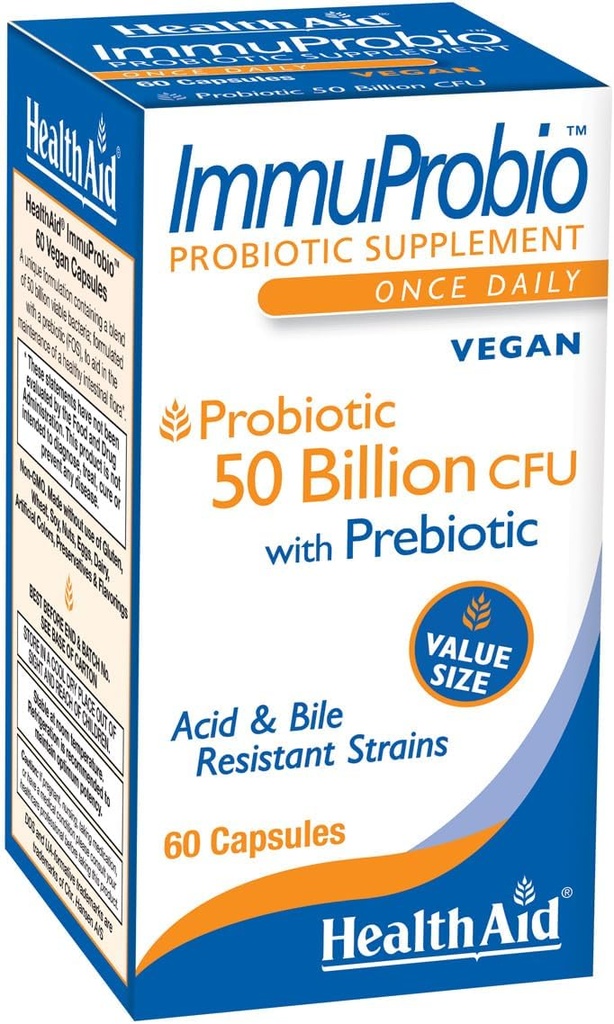 HealthAid ImmuProbio 60キャップ - 50ビリオンCFUプレバイオティクス、一度毎日、酸&Bile耐性ストレーナー、ビーガン