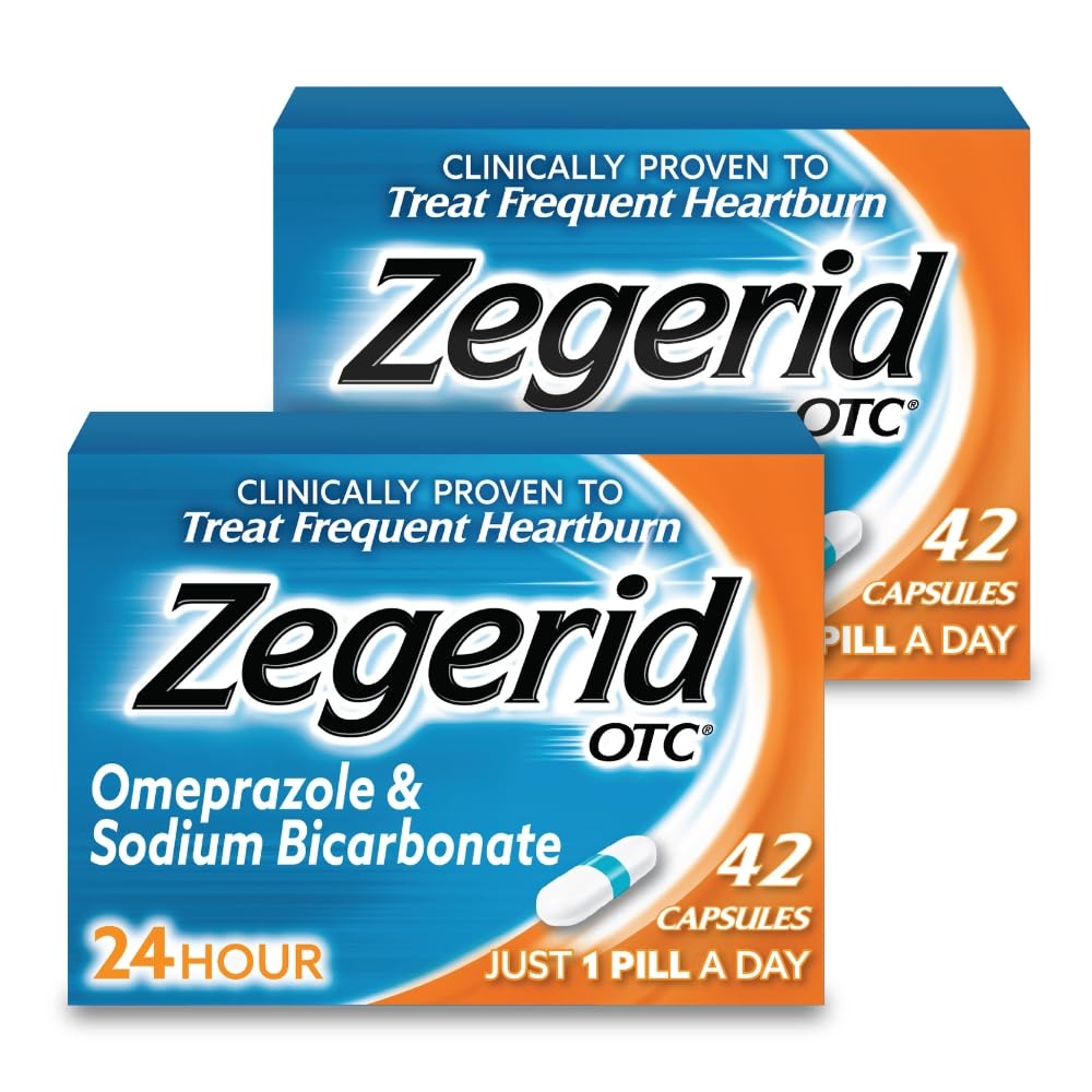 ゼジェリドOTC、24時間ハートバーンリリーフ、酸リフラックス薬およびアントエイド、Frequent Heartburn、Omeprazole 20mg +重炭酸ナトリウム、プロトンポンプ阻害剤(PPI)、2つの42ctカートン