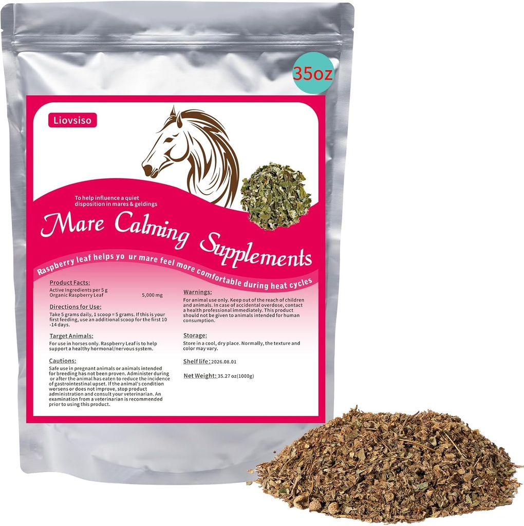 Horse Calming Supplement Natural Raspberry Leaf 35 OZ- Relieves Anxiety, Irritability, and Discomfort in Mares During Heat Cycles - Also Magic Suitable for Geldings
