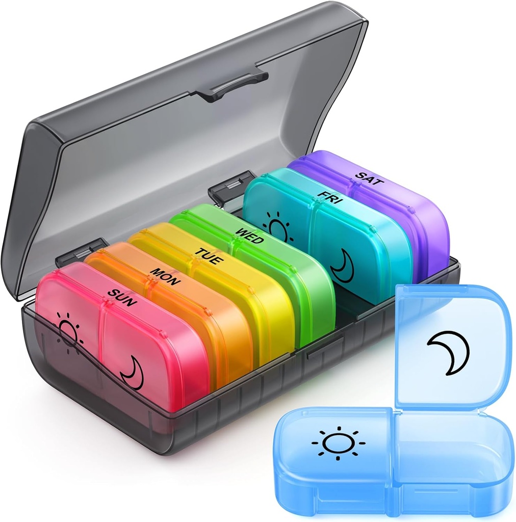 ZIKEEウィークリーピルオーガナイザー2 同じサイドオープニングデザイン、AM PM Pill Box 7 Day with 7 Detachable Pill Cases for Travel、薬用大型ピルホルダー、ビタミン、フィッシュオイル