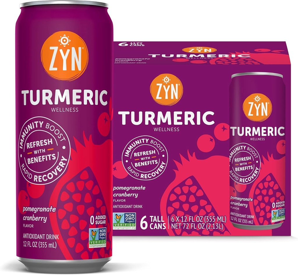 ZYNターメリックウェルネスドリンク(6パック)、ザクロクランベリー風味のターメリッククルクミンドリンクブラックペッパー、砂糖、低炭水化物&低カロリードリンク、クリーン代替