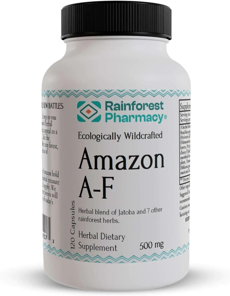 Rainforest Pharmacy Amazon A-F Herbal Supplement with Jatoba, PAU D’arco, Anamu & Graviola 4 Other Wildcrafted Amazon Rainforest Plants | 120 Vegetable Capsules, 500 mg