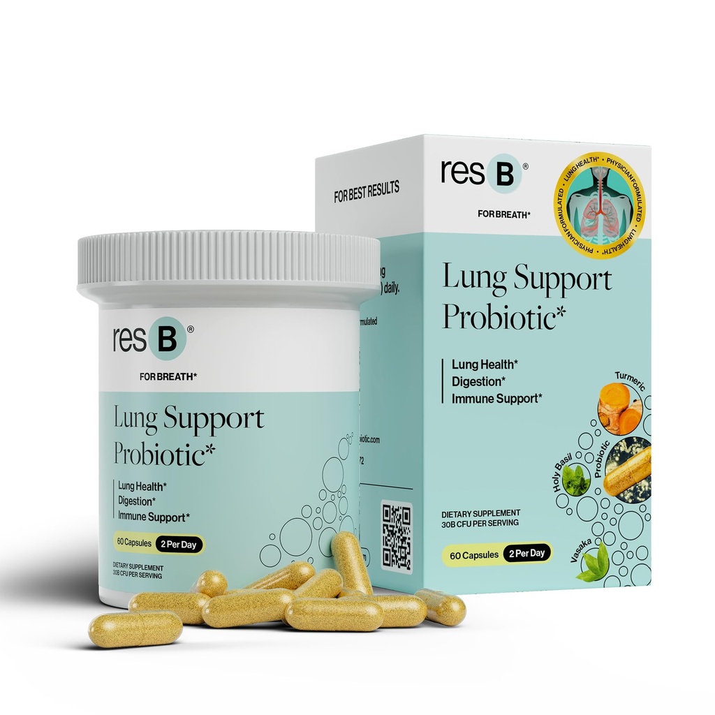 ResB Lungサポートプロバイオティックサプリメント - 喫煙者、腸の健康、免疫&消化器サポート、呼吸器ケア、聖バジル&ターメリック、臨床試験 - 60カプセル