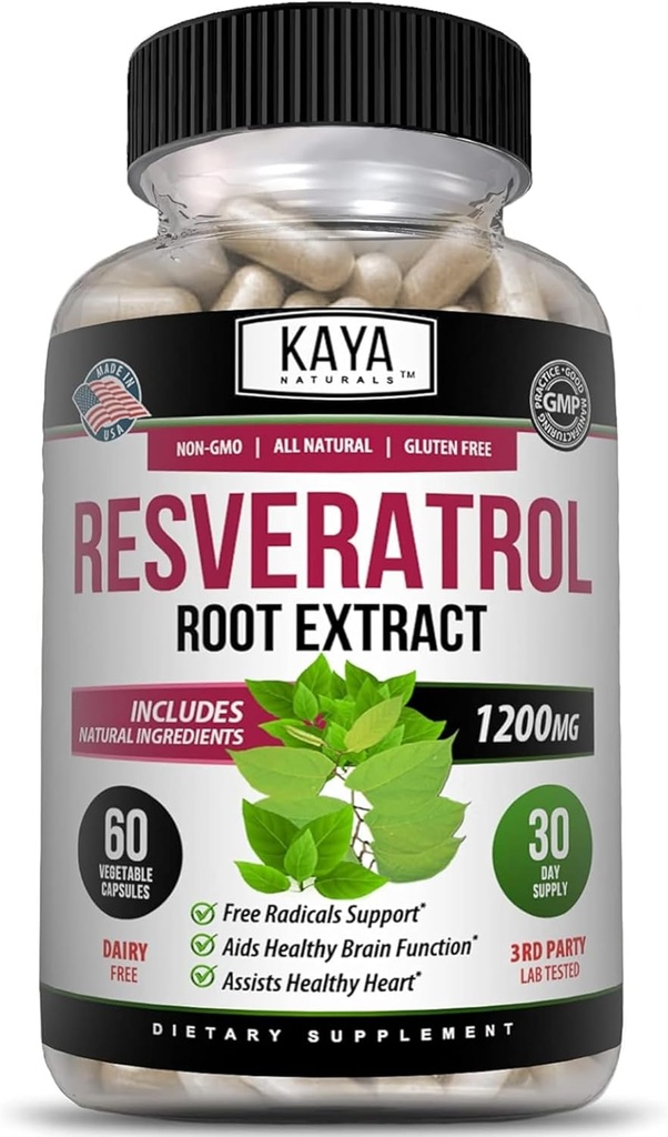 Kaya Naturals - Resveratrolカプセル - アンチエイジングサプリメント - 脳サポートと抗酸化剤 - 最大の利点 - 60ベジギーカプセル