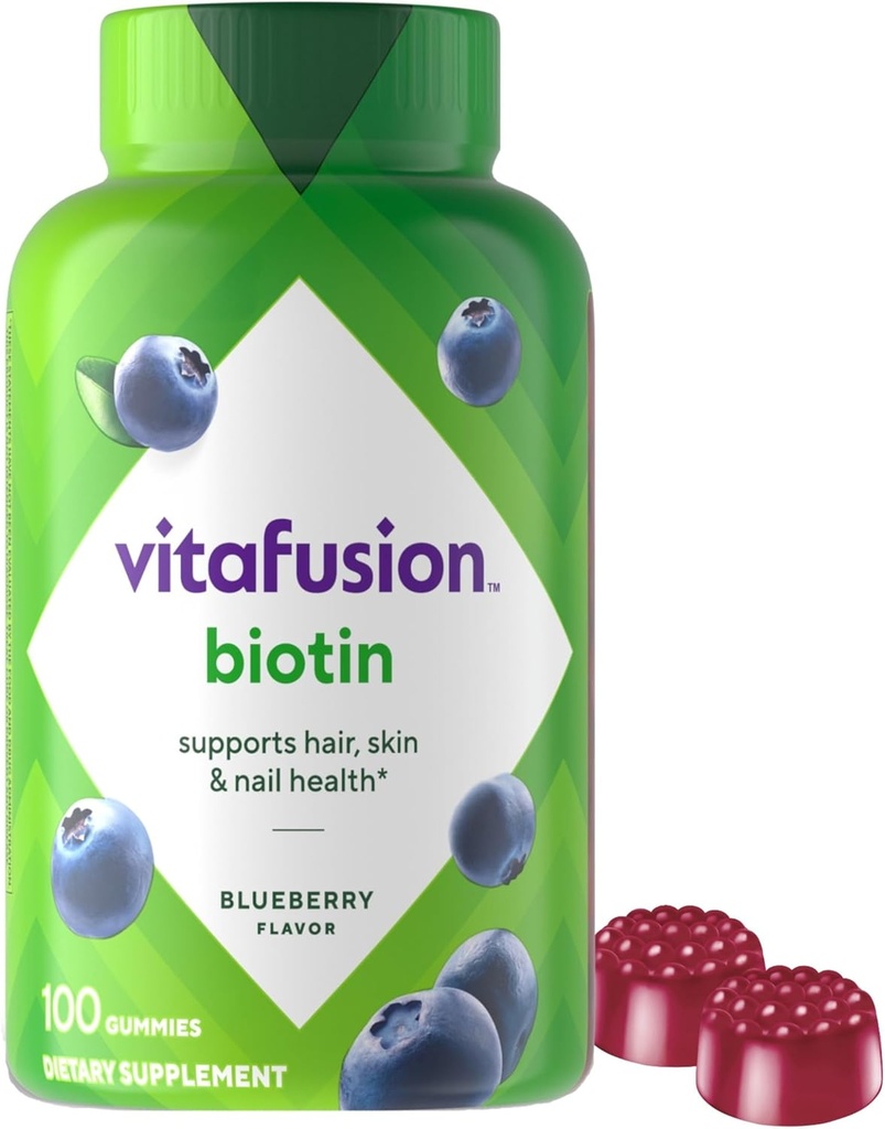vitafusion Extra Strength Biotin Gummy Vitamins, Berry Flavored, 5,000 mcg Biotin Vitamins, America’s Number 1 Gummy Vitamin Brand, 50 Day Supply, 100 Count (packaging may vary)