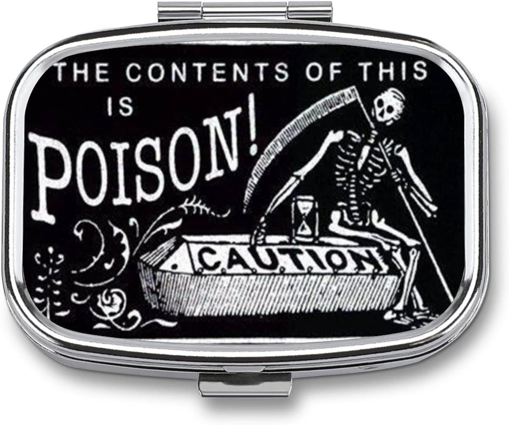 金属の2のコンパートメントの丸薬のオルガナイザーの旅行友好的な携帯用密集した箱のかわいい箱はビタミン/チレン/魚油/補足/泥炭(Poison Caution)、1.77 x 0.79 x 0.39インチを握ります