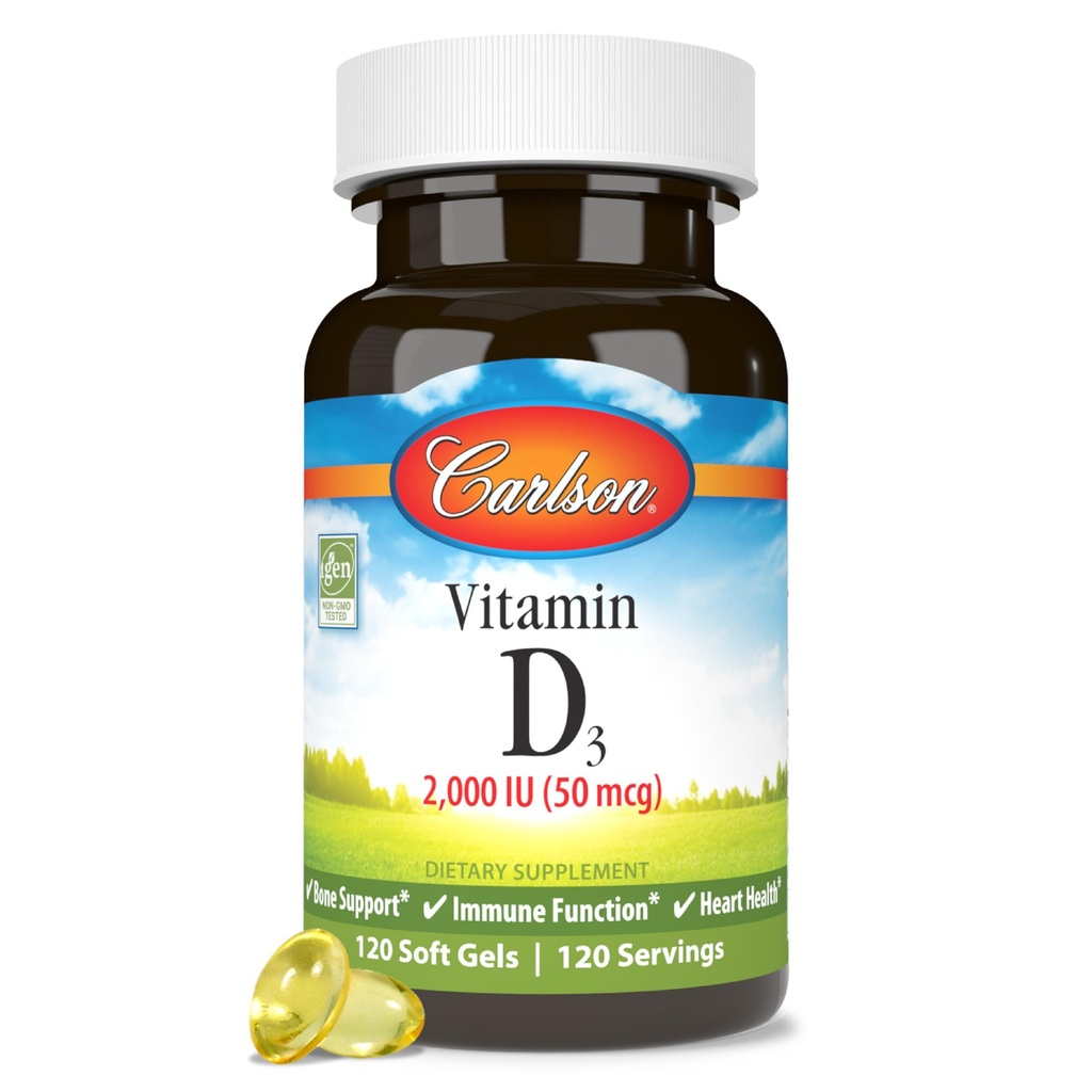 カールソン - ビタミンD3、2000 IU(50 mcg)、免疫サポート、骨の健康、筋肉健康、コレステロール、ビタミンDサプリメント、ビタミンD3ソフトジェル、120ソフトゲル