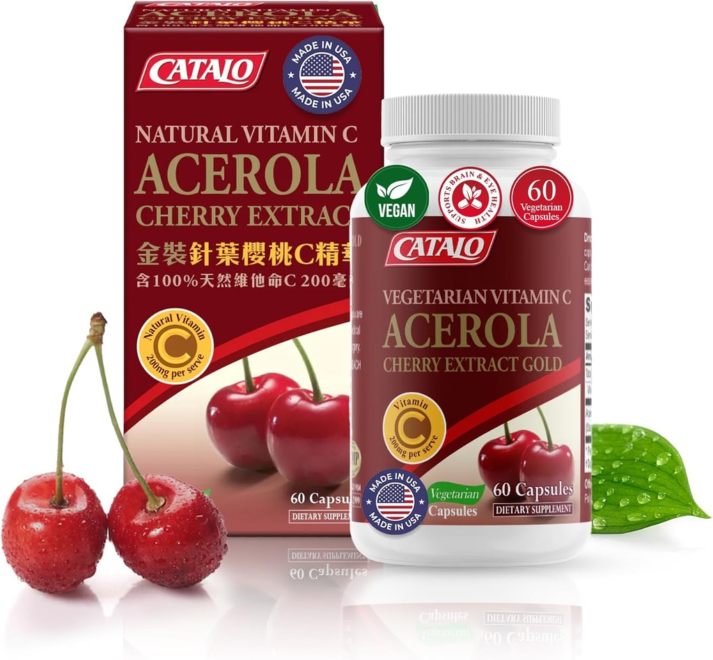 CATALO Acerolaチェリーエキスカプセル - Acerolaチェリー、植物ベースのビタミンC、合成ビタミンCなし、人工色や保存料なし - 60ベジタリアンカプセル