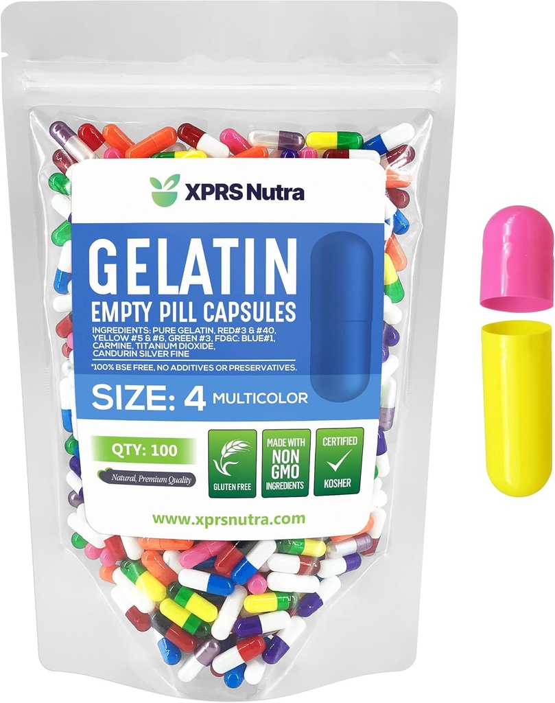 XPRSのNutraのサイズ4の空のカプセル-100の計算の小さい空のゼラチンのカプセル-Pills DIYのカプセルの詰物- Do-It-Yourselfの補足のための満たされた純粋な牛の丸薬のゲルの帽子(多色)
