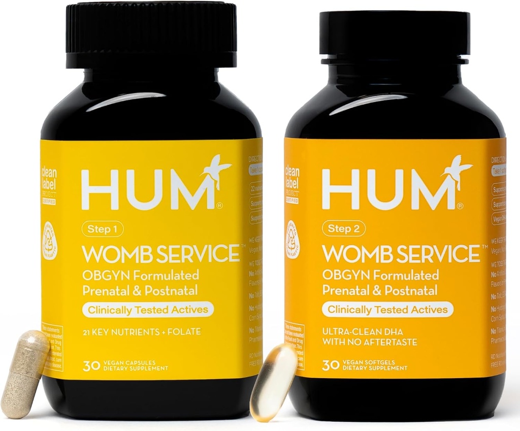 女性のためのHUM Womb Service Postnatal & Prenatal Supplements, ビーガンDHAとフォーミュレートOBGYN, コリン&フォレート, クリーンな毎日の栄養素, プレ・ツー・ポストの妊娠サポート, 30 ビーガンカプセル & 30 Softgels