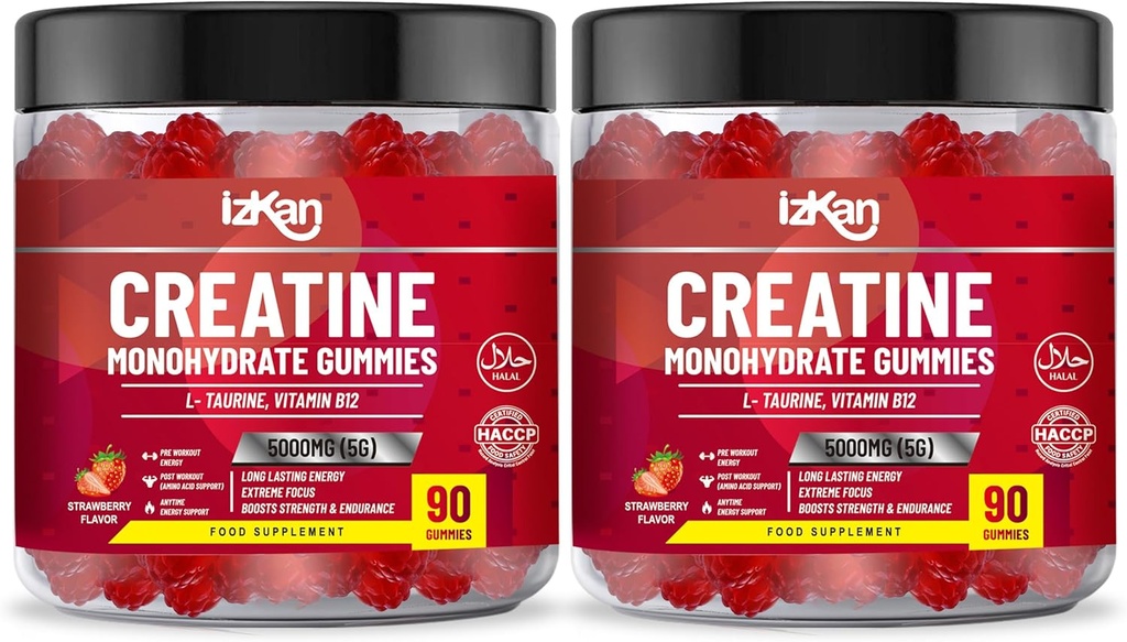 男性と女性のためのクレアチンモノハイドレートガミー5000mg - 180Chewableクレアチンアドバンスコンプレックスタウリン&B12ガミーストロベリー風味 | プレワークアウトジムサプリメント| ハラール | ビーガン | (2ヶ月の供給)