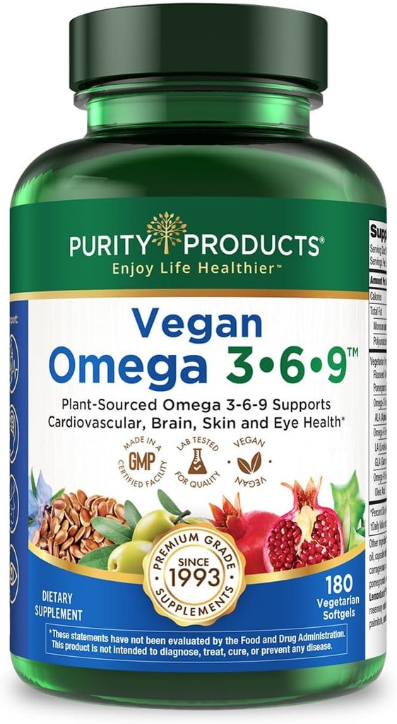 Purity Products Vegan Omega 3-6-9 Formula - “5 in 1” Essential Fatty Acid Complex - Scientifically Formulated Plant-Based Omega 3 6 9 Essential Fatty Acids (EFA) - 3 Month Supply - 180 Softgels