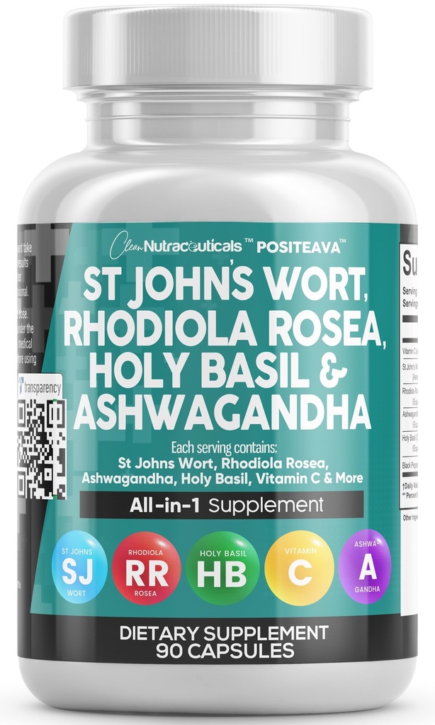 きれいなNutraceuticalsセントジョンズワートRhodiola rosea聖バジルアシュワガンダ - ビタミンC&ブラックペッパーエキスで女性と男性のための気分のサポート - 90キャップ