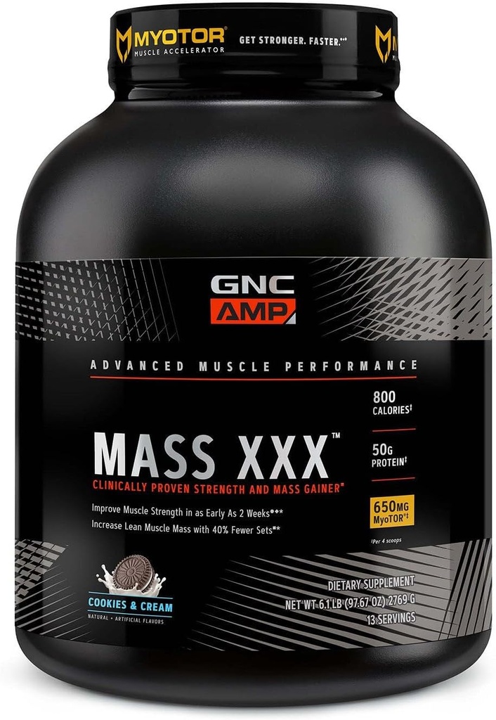 GNC AMP の固まり XXX、臨床的に証明される重量のゲインダーの蛋白質の粉、改良します強さ、サイズ、780 カロリー、50g 蛋白質、マイクロ化されたアミノ酸、クレアチン、ベタイン、クッキー及びクリーム、13 サービング、6 SVG