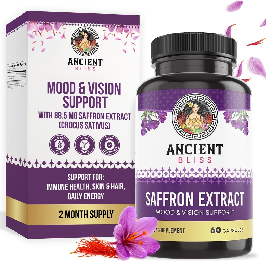 Ancient Bliss Saffron Extract Capsules Mood & Eye Support Supplement, Saffron Extract Appetite Suppressant Weight Management for Women & Men (60 Capsules)