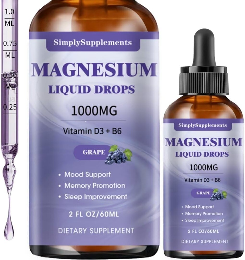 トリプル マグネシウムの複雑な液体の低下、1000mgのマグネシウムのGlycinateの低下、L-theanine、ビタミンD3及び睡眠および筋肉サポートのためのB6、Calmのマグネシウム、ブドウの味、2 Fl OZ