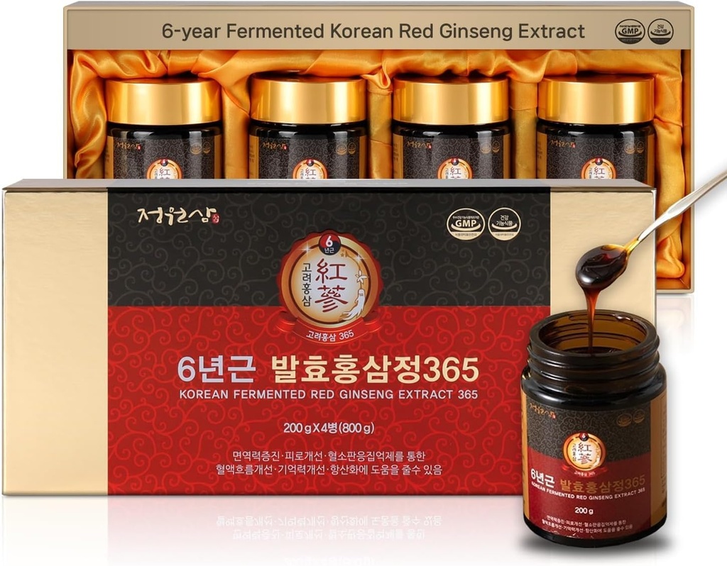 6年発酵させた韓国の赤いGinsengのエキス | 4X 200gのびん | 9.6mg ジンセノシド 15g   エネルギー、焦点、疲労、免疫サポート | 男性及び女性のための草の補足