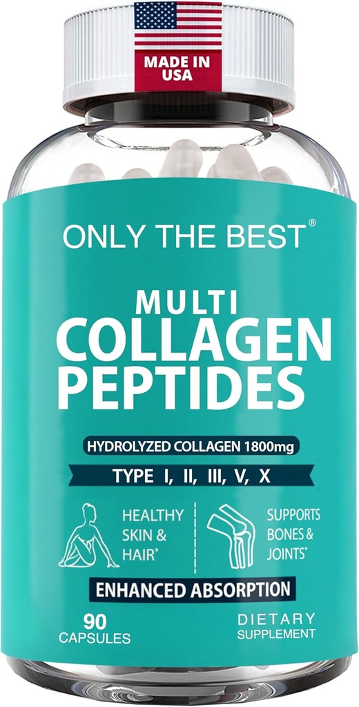 Premium Multi Collagen Peptides Capsules 1800mg - Types I, II, III, V, X To Support Skin, Hair, Nails - Helps Bones, Joints, Muscles, & Digestive Health* Hydrolyzed Collagen Supplement 90 Capsules