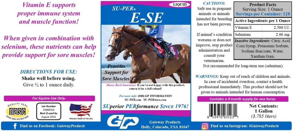 SU-PER E-Se Horses Antioxidant Supplement - Vitamin E & Selenium for Sore Muscles Support - 1 Gallon, 4 Month Supply (120 Days)