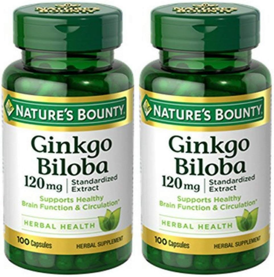 Nature's Bounty Ginkgo Biloba標準化エキス120 mg、ハーブボトル、カプセル、100カウント、2のパック