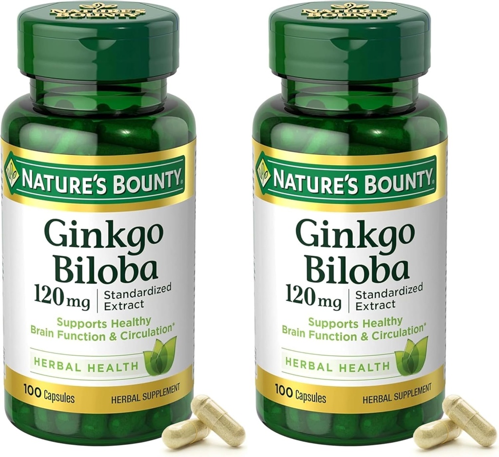 Nature's Bounty Ginkgo Biloba標準化エキス120 mg、ハーブボトル、カプセル、100カウント、2のパック