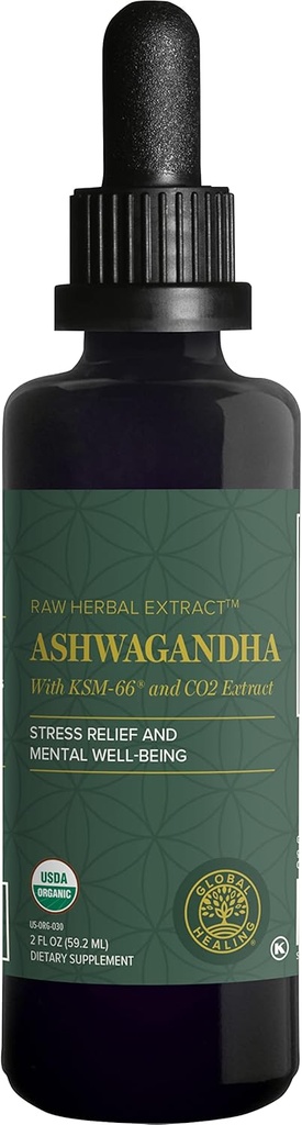 Global Healing Center - Organic Ashwagandha Supplements Drops - KSM-66 Ashwagandha Extra Strength for Men & Women, Helps Promote Relief from Stress, Mood Support, Organic (2 Fl Oz)