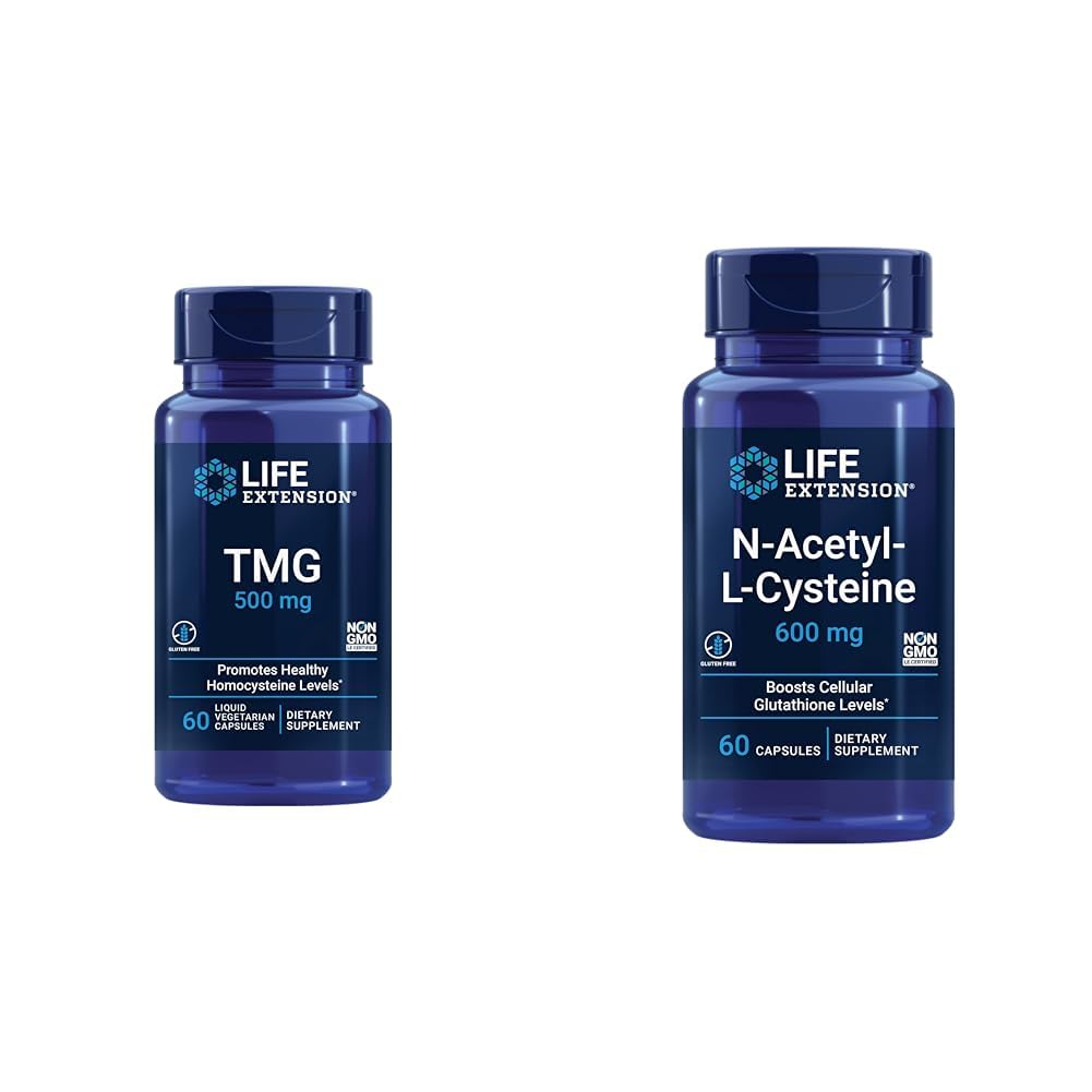 ライフエクステンションTMG 500mg - Trimethylglycineサプリメント - 健康なホモシステインレベルとN-アセチル-L-Cysteine(NAC)、免疫、呼吸器、肝臓の健康、NAC 600mg