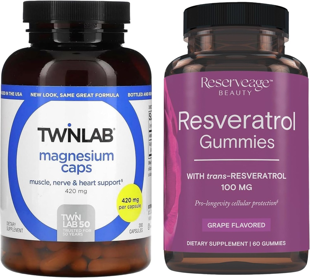 Twinlab Magnesium Caps - for Stress Relief, 420 mg, 200 Count, 1 Pack & Reserveage Beauty- Resveratrol Gummies 100 mg, Vegan - 1 Pack