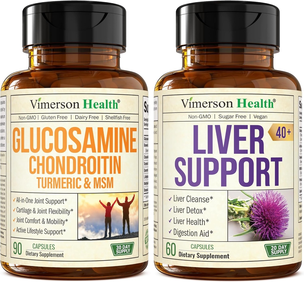 Glucosamine Chondroitin MSM with Turmeric Boswellia & Liver Cleanse Detox & Repair 40+ Liver Supplement with 50% Silymarin Milk Thistle Extract for Joint and Liver Support