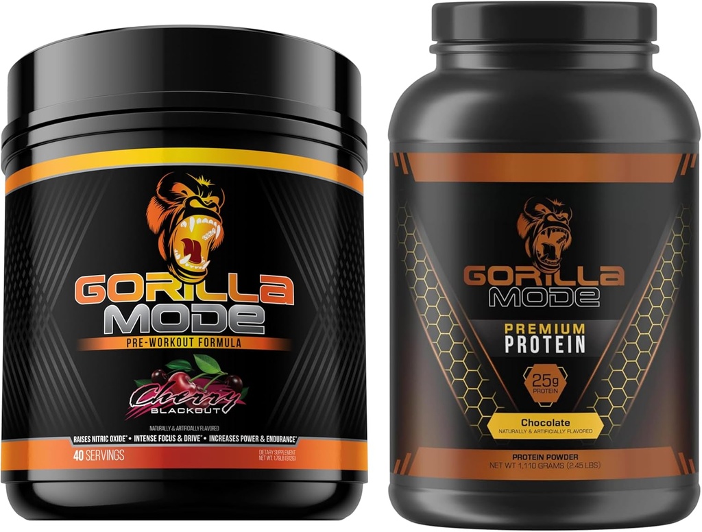 Gorilla Mind Pre Workout(チェリー)+Premium Whey Protein(チョコレート) - 最大ワークアウト結果の燃料供給のための包括的なスタック